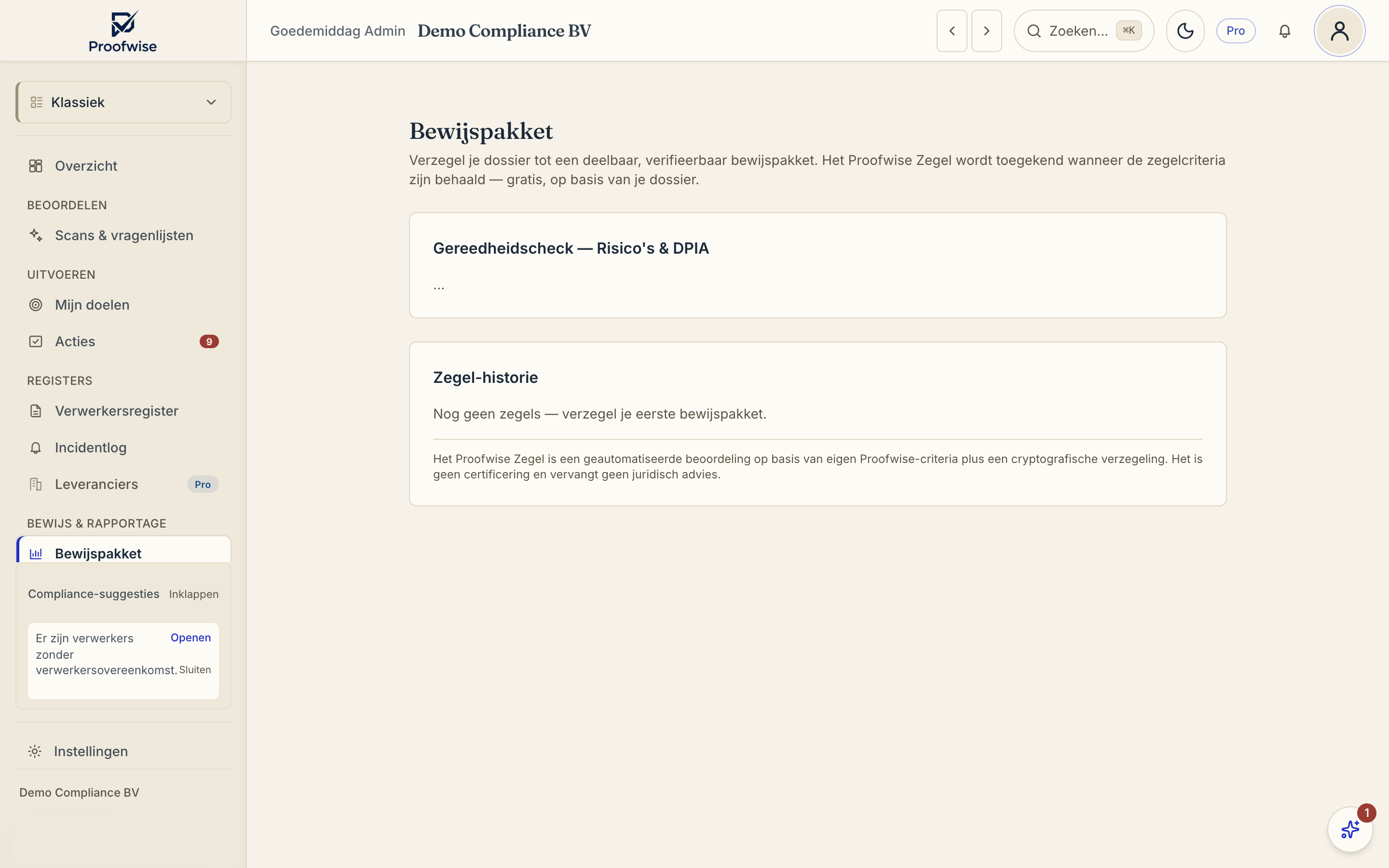 De gereedheidscheck op de Bewijspakket-pagina met de criteria en hun status