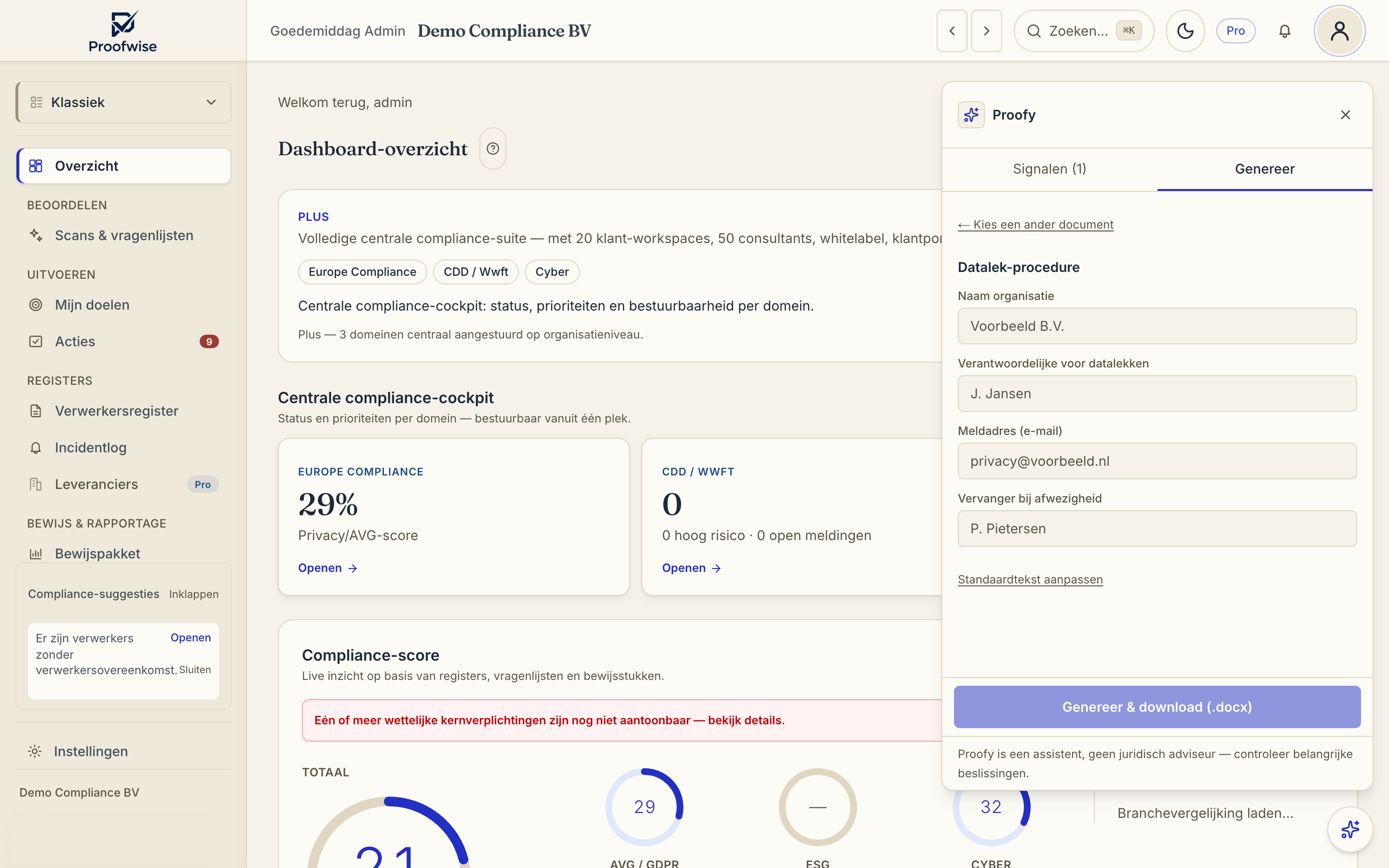 De Genereer-tab van Proofy met het formulier voor de datalek-procedure
