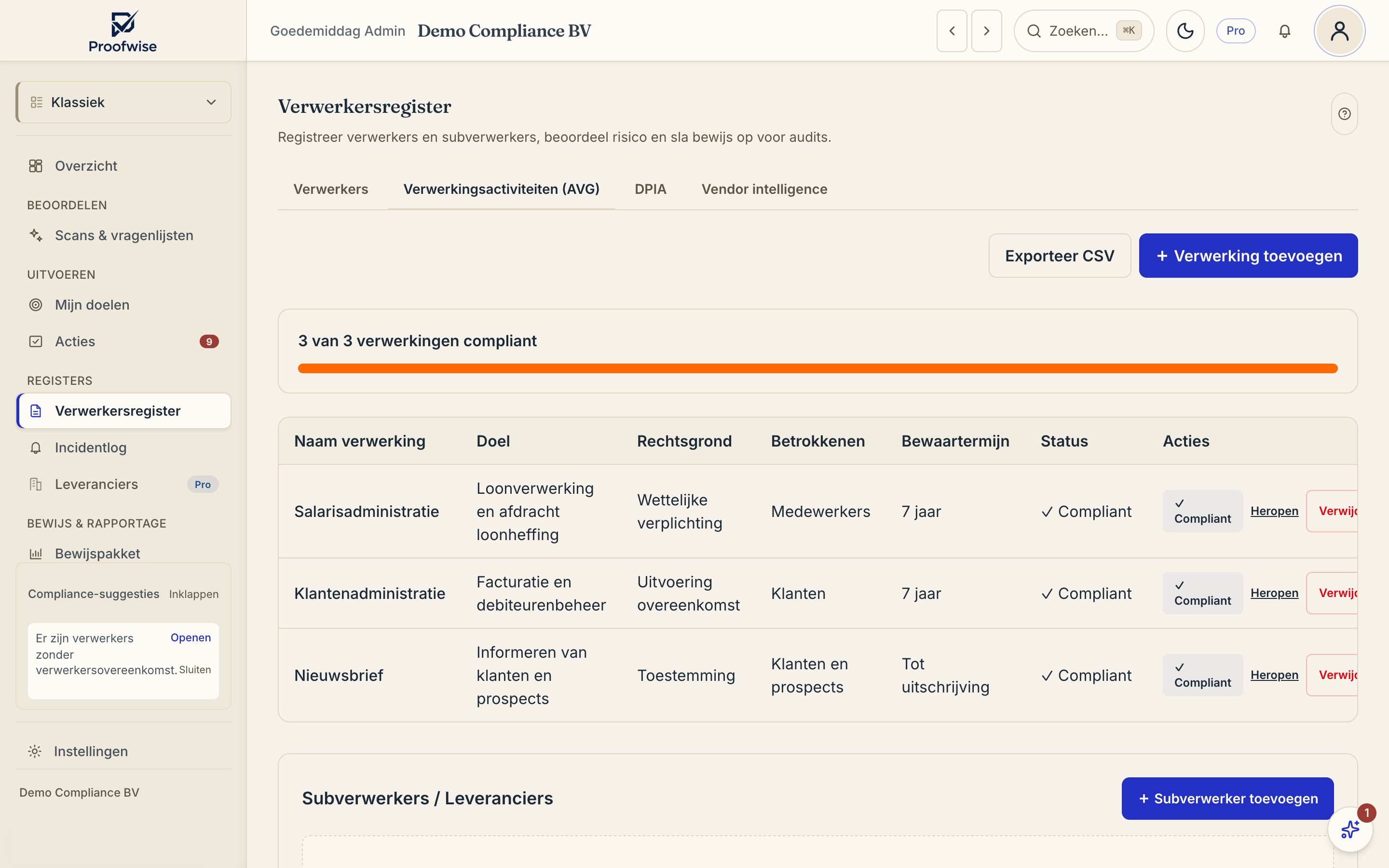 Het verwerkingsregister met de tab Verwerkingen geopend